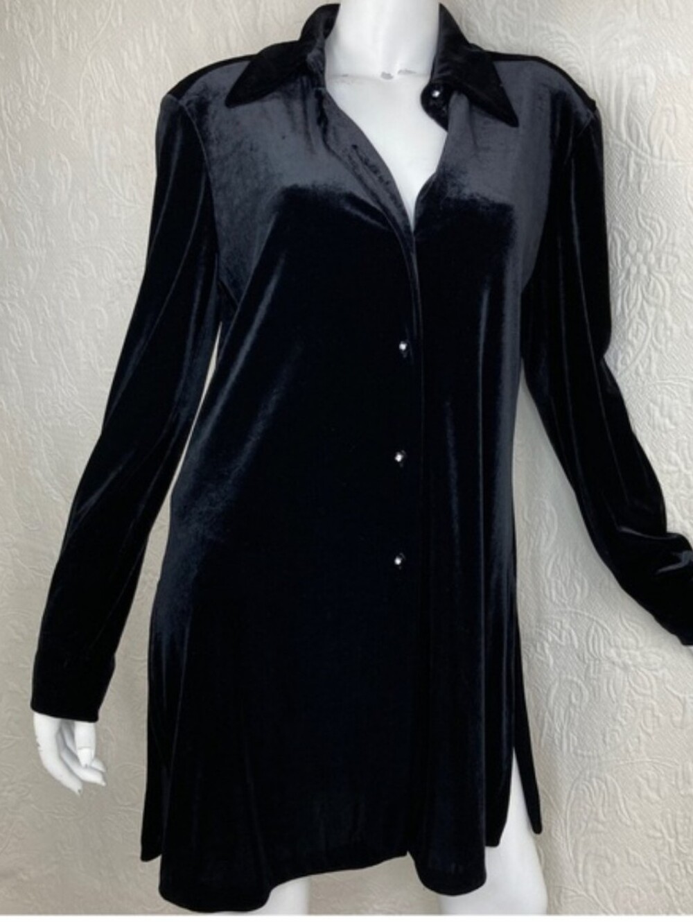 Vtg 90s August Silk Black Velvet Button Down LONG Tunic Goth Whimsy Lagenlook S